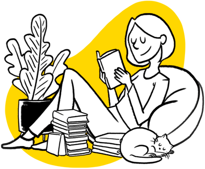 Frau liest ein Buch in gemütlicher Umgebung mit Katze und Pflanze